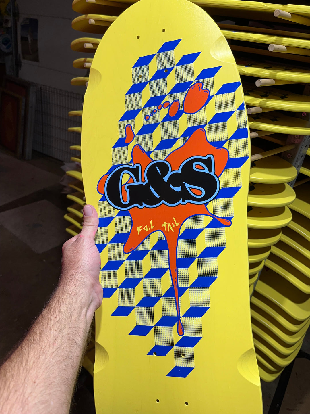 G&S FoilTail Yellow Deck with Orange Splat – G&S Surfboards